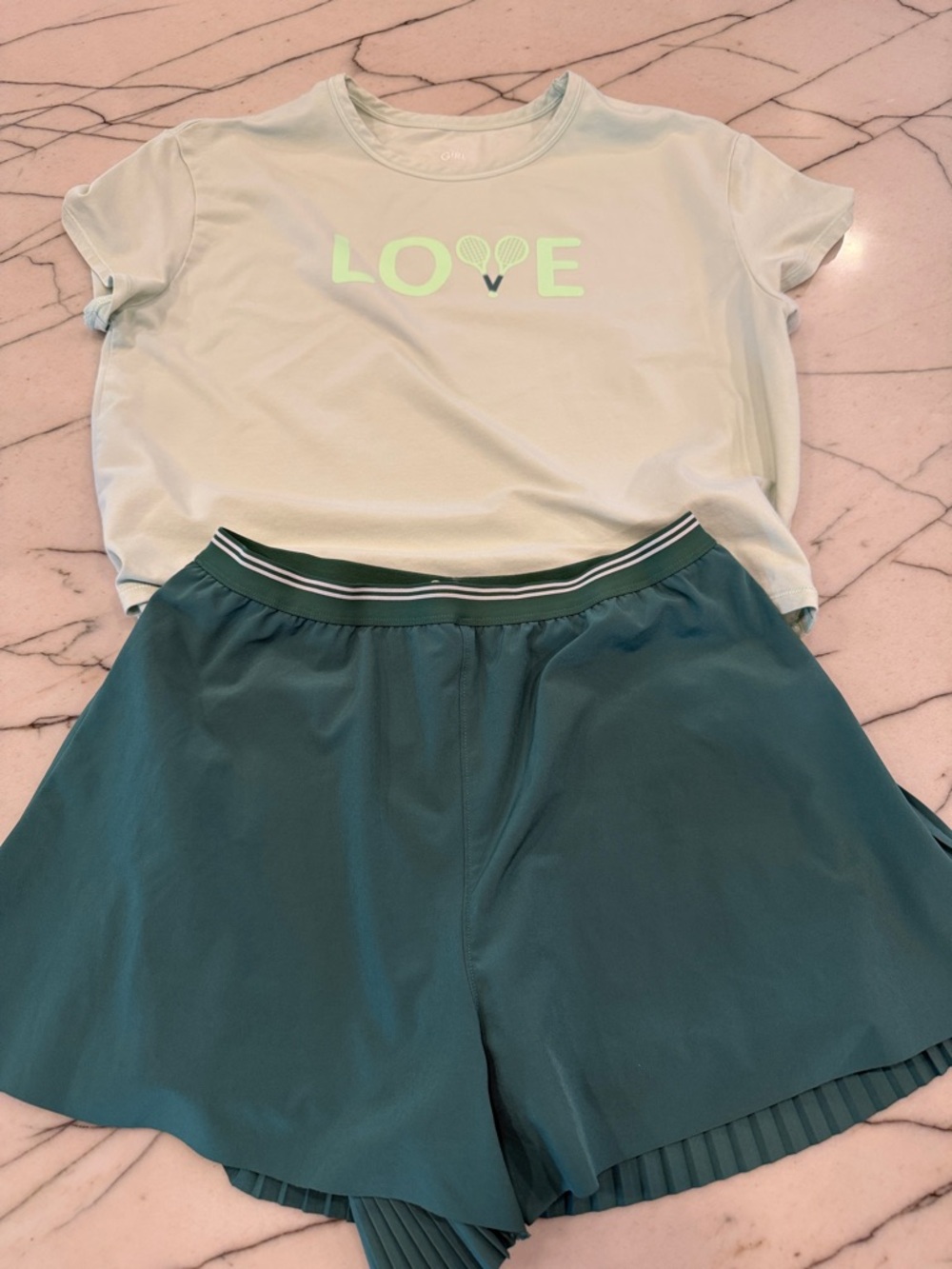 Athleta Girl Mint Green 'LOVE' Tee and Teal Green Athletic Shorts Set